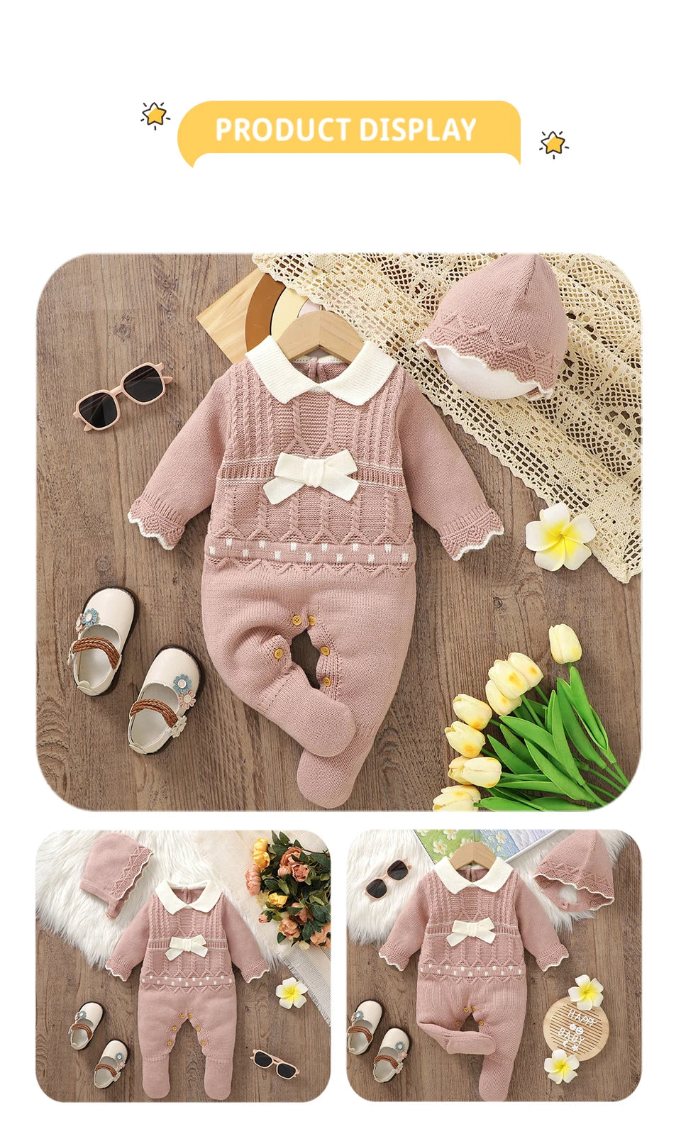 Baby Girl Knit Romper & Hat Set