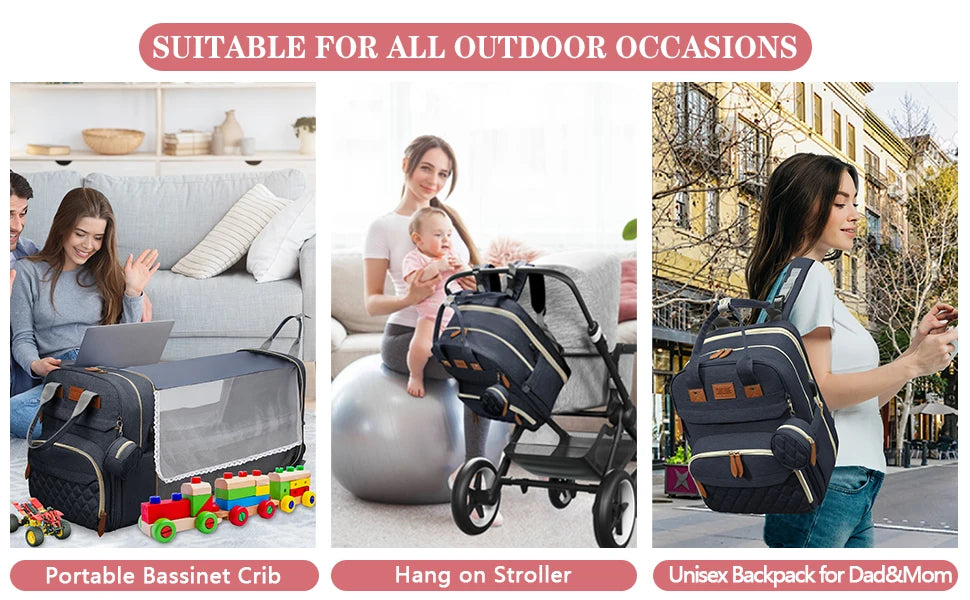3-in-1 Diaper Bag Backpack with Foldable Baby Bed