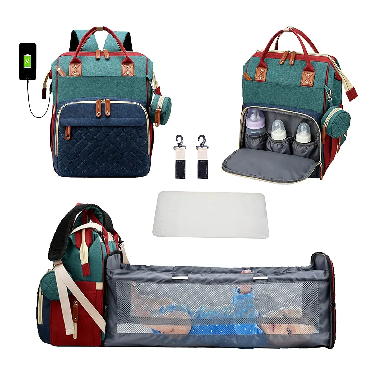 3-in-1 Diaper Bag Backpack with Foldable Baby Bed