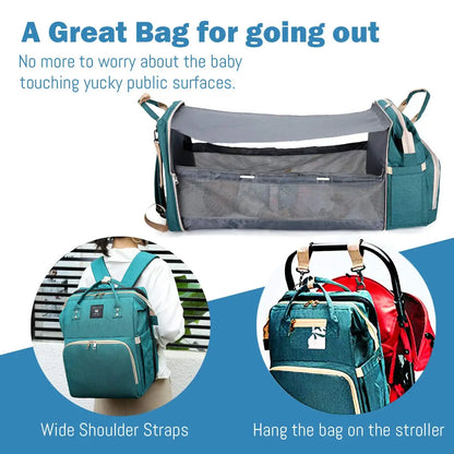 3-in-1 Diaper Bag Backpack with Foldable Baby Bed