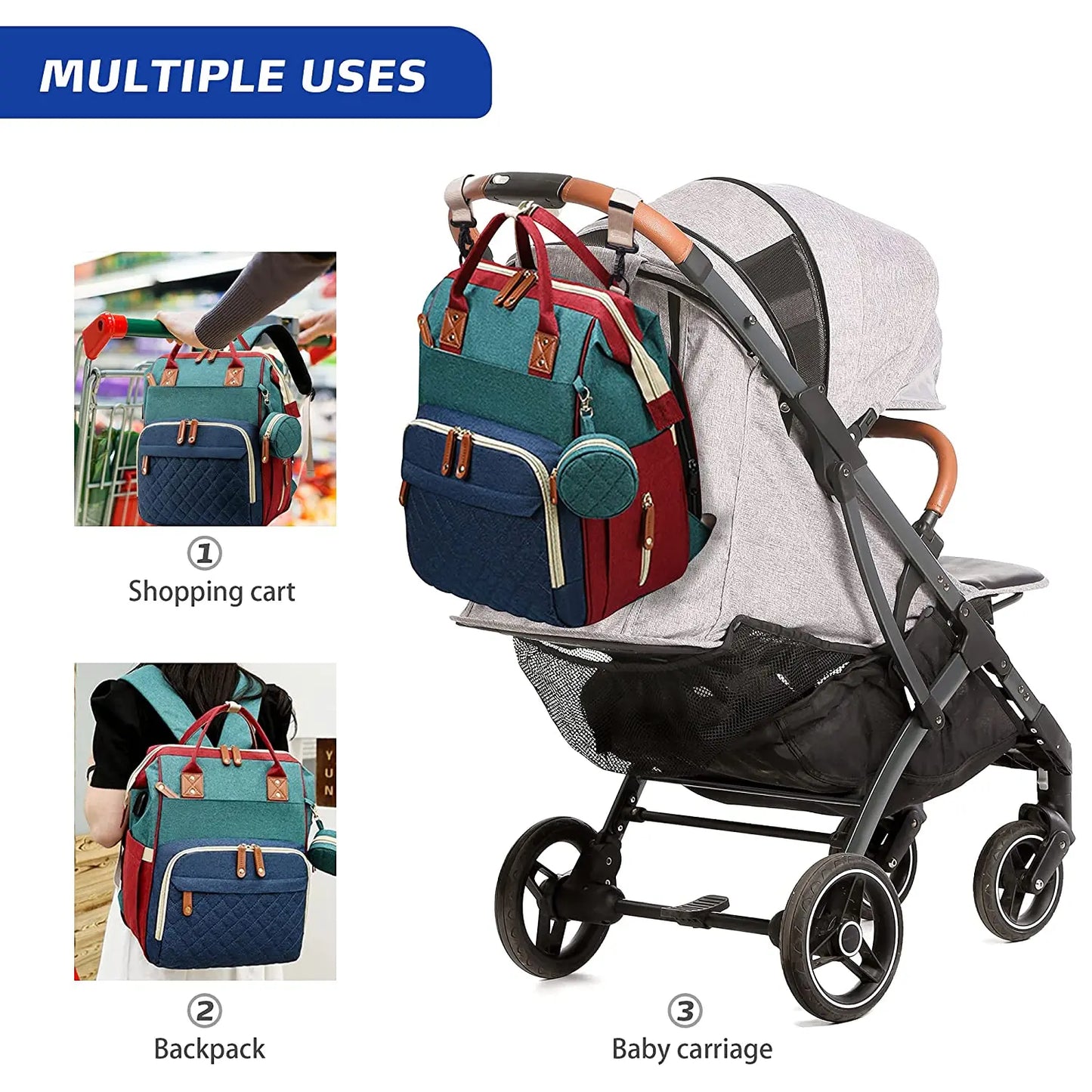 3-in-1 Diaper Bag Backpack with Foldable Baby Bed