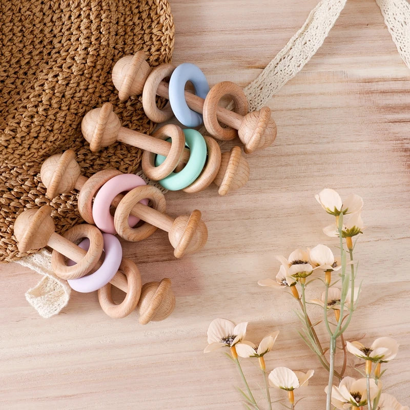 Wooden Baby Rattle & Silicone Teether Toy