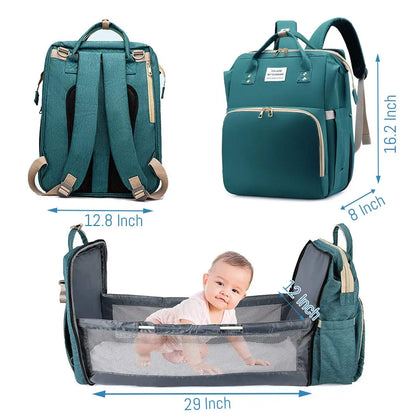 3-in-1 Diaper Bag Backpack with Foldable Baby Bed