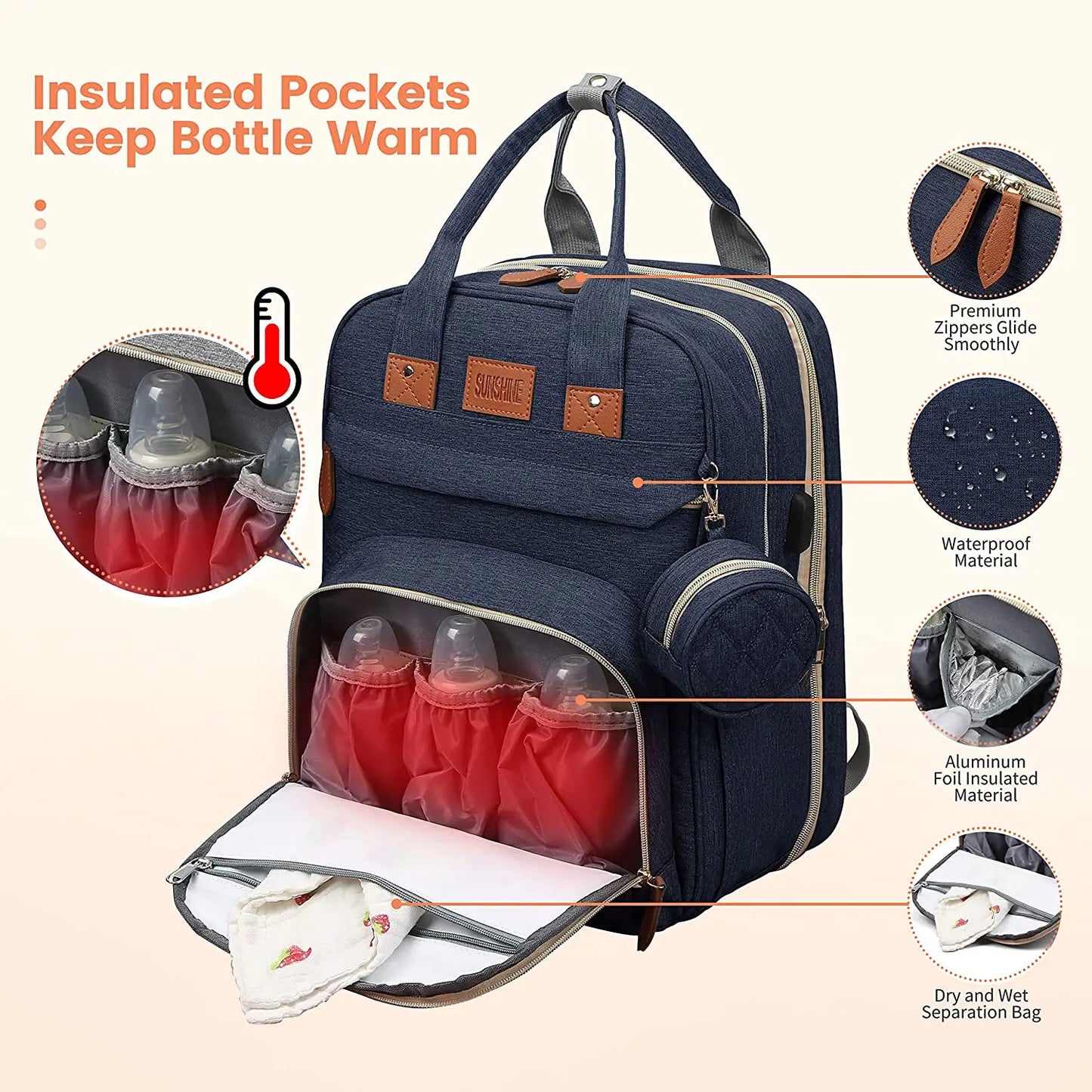 3-in-1 Diaper Bag Backpack with Foldable Baby Bed