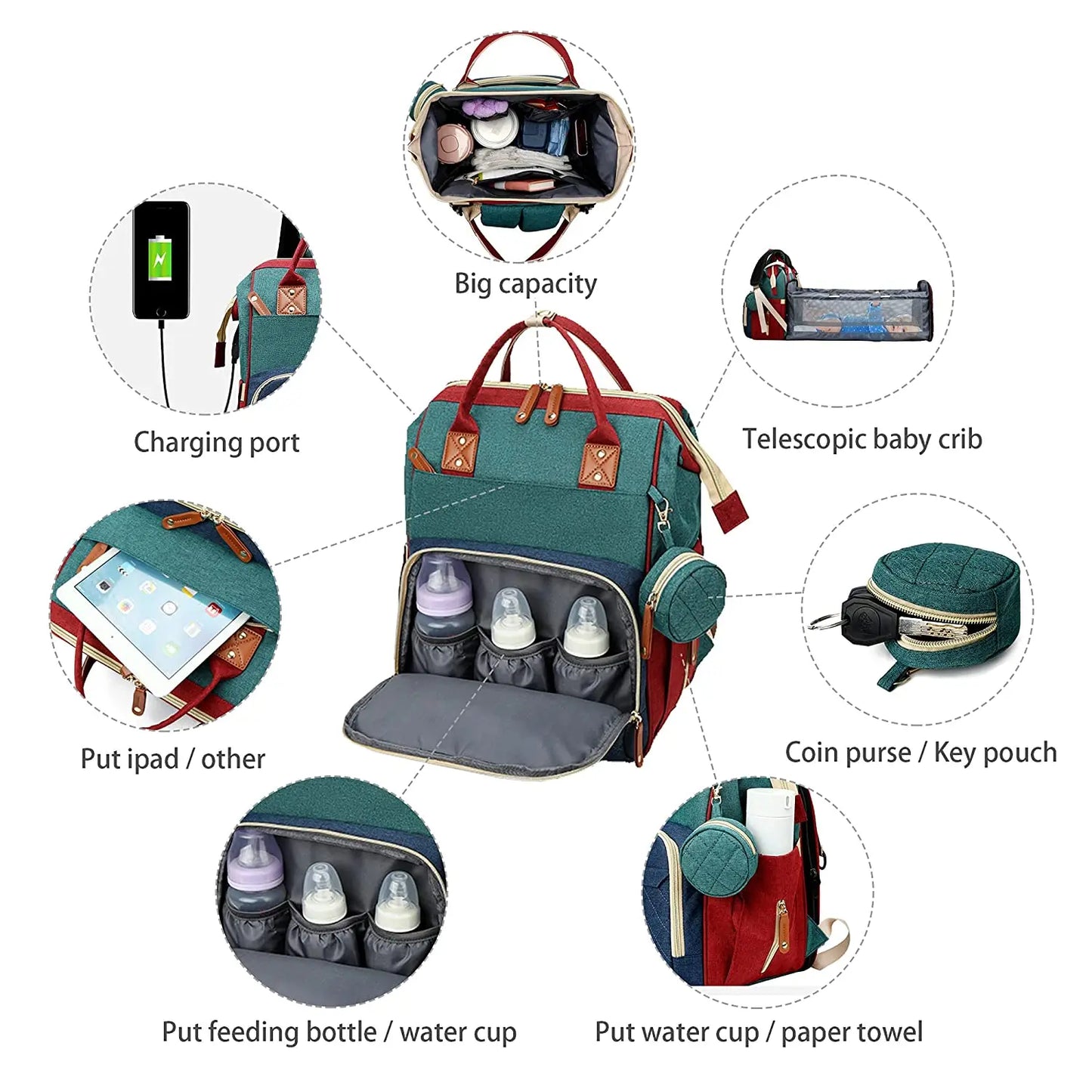 3-in-1 Diaper Bag Backpack with Foldable Baby Bed