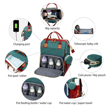 3-in-1 Diaper Bag Backpack with Foldable Baby Bed